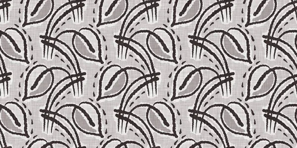 Francia szürke botanikus levél vászon zökkenőmentes határ 2 hang ország ház stílusú motívum. Egyszerű vintage rusztikus textil hatás. Primitív modern kopott elegáns konyhai ruha design. — Stock Fotó