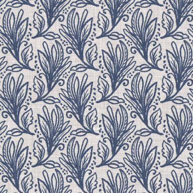 Fransız mavi botanik yaprağı keten desenli ve 2 tonluk kır evi motifli. Basit bir kırsal kumaş tekstil etkisi. İlkel, eski püskü, şık mutfak bezi tasarımı..