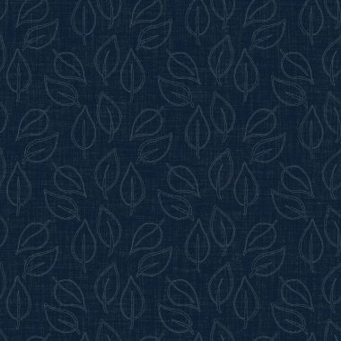 Koyu mavi yaprak boya bloğu deseni. Japon erkeksi boro etkisi kusursuz tekstil arka planı. Ses tonu bozuk wabi sabi nakış stili 