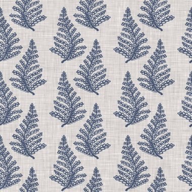 Fransız mavi botanik yaprağı keten desenli ve 2 tonluk kır evi motifli. Basit bir kırsal kumaş tekstil etkisi. İlkel, eski püskü, şık mutfak bezi tasarımı..