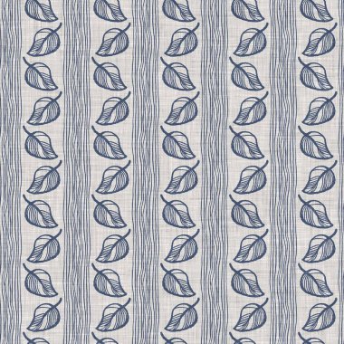 Fransız mavi botanik yaprağı keten desenli ve 2 tonluk kır evi motifli. Basit bir kırsal kumaş tekstil etkisi. İlkel, eski püskü, şık mutfak bezi tasarımı..