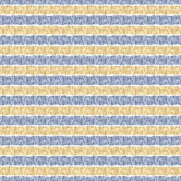 프랑스 시골 주방 줄무늬 직물 패턴 인쇄. 파란 노란색의 수평 줄무늬 배경. 바틱 염료 증식 법 - 소박하게 짜는 면 도 직물. — 스톡 사진