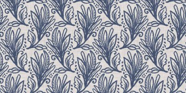 Fransız mavi botanik yaprağı, iki tonluk kır evi motifli, dikişsiz sınır. Basit bir kırsal kumaş tekstil etkisi. İlkel, eski püskü, şık mutfak bezi tasarımı..