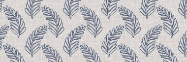 Fransız mavi botanik yaprağı, iki tonluk kır evi motifli, dikişsiz sınır. Basit bir kırsal kumaş tekstil etkisi. İlkel, eski püskü, şık mutfak bezi tasarımı..