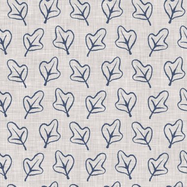 Fransız mavi botanik yaprağı keten desenli ve 2 tonluk kır evi motifli. Basit bir kırsal kumaş tekstil etkisi. İlkel, eski püskü, şık mutfak bezi tasarımı..