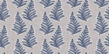 Fransız mavi botanik yaprağı, iki tonluk kır evi motifli, dikişsiz sınır. Basit bir kırsal kumaş tekstil etkisi. İlkel, eski püskü, şık mutfak bezi tasarımı..