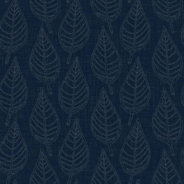 Koyu mavi yaprak boya bloğu deseni. Japon erkeksi boro etkisi kusursuz tekstil arka planı. Ses tonu bozuk wabi sabi nakış stili 
