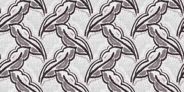 Fransız gri botanik yaprağı, iki tonluk kır evi motifli dikişsiz sınır. Basit bir kırsal kumaş tekstil etkisi. İlkel, eski püskü, şık mutfak bezi tasarımı..