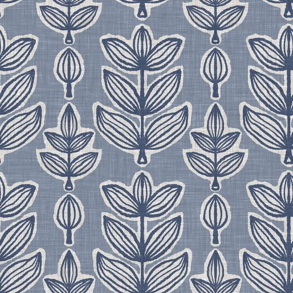 Fransız mavi botanik yaprağı keten desenli ve 2 tonluk kır evi motifli. Basit bir kırsal kumaş tekstil etkisi. İlkel, eski püskü, şık mutfak bezi tasarımı..