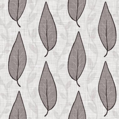 Fransız gri botanik yapraklı keten desenli, 2 tonluk kır evi motifli. Basit bir kırsal kumaş tekstil etkisi. İlkel, eski püskü, şık mutfak bezi tasarımı..