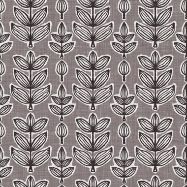 Fransız gri botanik yapraklı keten desenli, 2 tonluk kır evi motifli. Basit bir kırsal kumaş tekstil etkisi. İlkel, eski püskü, şık mutfak bezi tasarımı..