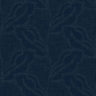 Koyu mavi yaprak boya bloğu deseni. Japon erkeksi boro etkisi kusursuz tekstil arka planı. Ses tonu bozuk wabi sabi nakış stili 