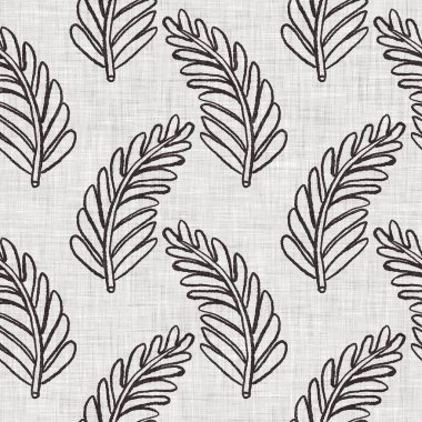 Fransız gri botanik yapraklı keten desenli, 2 tonluk kır evi motifli. Basit bir kırsal kumaş tekstil etkisi. İlkel, eski püskü, şık mutfak bezi tasarımı..