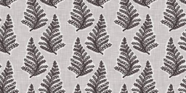 Fransız gri botanik yaprağı, iki tonluk kır evi motifli dikişsiz sınır. Basit bir kırsal kumaş tekstil etkisi. İlkel, eski püskü, şık mutfak bezi tasarımı..