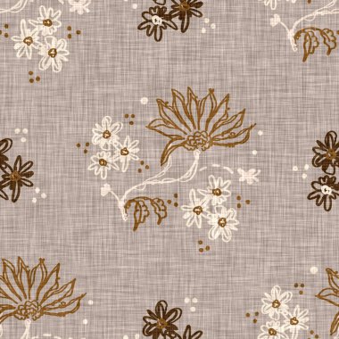 Kusursuz keten karalama çiçek desenli arka plan. Sakin boho dünya renginde duvar kağıdı. Basit modern skandi unisex çiçek tasarımı. Her yerde organik, çocuksu, cinsiyetsiz, tarafsız bir bebek var. El çizimi.