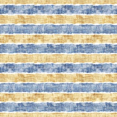 Kusursuz Fransız kırsal mutfak çizgili kumaş deseni. Mavi sarı beyaz yatay çizgili arka plan. Batik Boyası Kaynak Stili Kırsal Örgü Cottagecore Tekstili. 