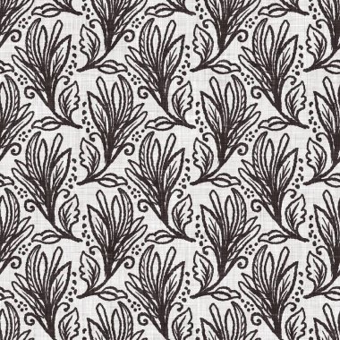 Fransız gri botanik yapraklı keten desenli, 2 tonluk kır evi motifli. Basit bir kırsal kumaş tekstil etkisi. İlkel, eski püskü, şık mutfak bezi tasarımı..