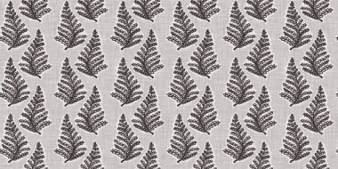 Fransız gri botanik yaprağı, iki tonluk kır evi motifli dikişsiz sınır. Basit bir kırsal kumaş tekstil etkisi. İlkel, eski püskü, şık mutfak bezi tasarımı..