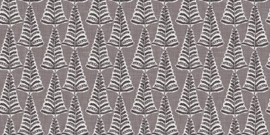 Fransız gri botanik yaprağı, iki tonluk kır evi motifli dikişsiz sınır. Basit bir kırsal kumaş tekstil etkisi. İlkel, eski püskü, şık mutfak bezi tasarımı..