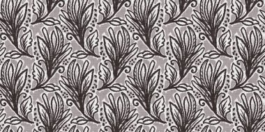 Fransız gri botanik yaprağı, iki tonluk kır evi motifli dikişsiz sınır. Basit bir kırsal kumaş tekstil etkisi. İlkel, eski püskü, şık mutfak bezi tasarımı..