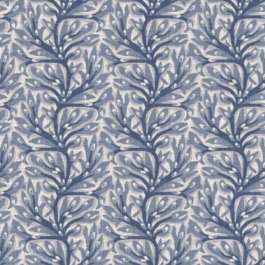 Fransız mavi botanik yaprağı keten desenli ve 2 tonluk kır evi motifli. Basit bir kırsal kumaş tekstil etkisi. İlkel, eski püskü, şık mutfak bezi tasarımı..