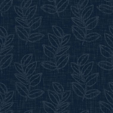 Koyu mavi yaprak boya bloğu deseni. Japon erkeksi boro etkisi kusursuz tekstil arka planı. Ses tonu bozuk wabi sabi nakış stili 