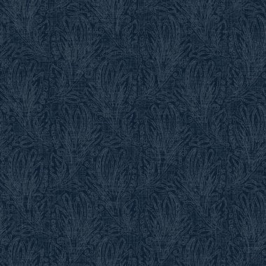 Koyu mavi yaprak boya bloğu deseni. Japon erkeksi boro etkisi kusursuz tekstil arka planı. Ses tonu bozuk wabi sabi nakış stili 