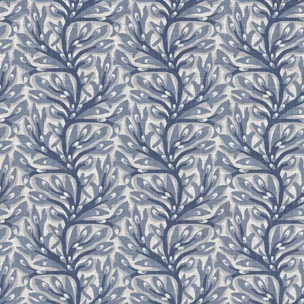 French blue botanical leaf linen seamless pattern with 2 tone country cottage style motif. Simple vintage rustic fabric textile effect. Primitive modern shabby chic kitchen cloth design. — Stock Photo, Image