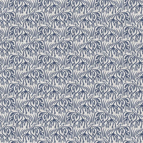 2トーンカントリーコテージスタイルのモチーフとフランスの青い植物の葉リネンシームレスパターン。シンプルなヴィンテージ素朴な生地のテキスタイル効果。原始的な現代的なみすぼらしいシックなキッチンクロスデザイン. — ストック写真