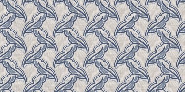 Fransız mavi botanik yaprağı, iki tonluk kır evi motifli, dikişsiz sınır. Basit bir kırsal kumaş tekstil etkisi. İlkel, eski püskü, şık mutfak bezi tasarımı..