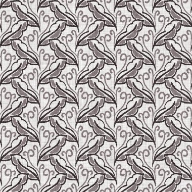 Fransız gri botanik yapraklı keten desenli, 2 tonluk kır evi motifli. Basit bir kırsal kumaş tekstil etkisi. İlkel, eski püskü, şık mutfak bezi tasarımı..