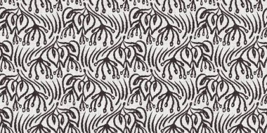 Fransız gri botanik yaprağı, iki tonluk kır evi motifli dikişsiz sınır. Basit bir kırsal kumaş tekstil etkisi. İlkel, eski püskü, şık mutfak bezi tasarımı..