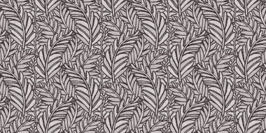 Fransız gri botanik yaprağı, iki tonluk kır evi motifli dikişsiz sınır. Basit bir kırsal kumaş tekstil etkisi. İlkel, eski püskü, şık mutfak bezi tasarımı..