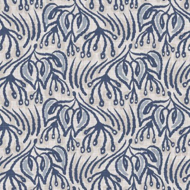 Fransız mavi botanik yaprağı keten desenli ve 2 tonluk kır evi motifli. Basit bir kırsal kumaş tekstil etkisi. İlkel, eski püskü, şık mutfak bezi tasarımı..