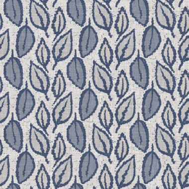 Fransız mavi botanik yaprağı keten desenli ve 2 tonluk kır evi motifli. Basit bir kırsal kumaş tekstil etkisi. İlkel, eski püskü, şık mutfak bezi tasarımı..