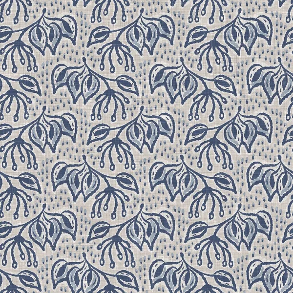 Fransız mavi botanik yaprağı keten desenli ve 2 tonluk kır evi motifli. Basit bir kırsal kumaş tekstil etkisi. İlkel, eski püskü, şık mutfak bezi tasarımı..