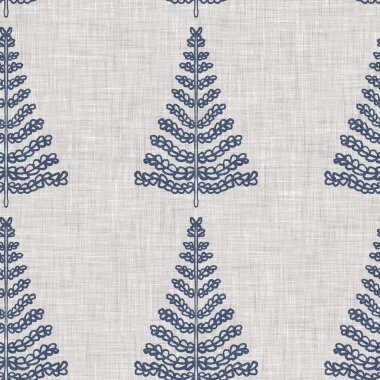 Fransız mavi botanik yaprağı keten desenli ve 2 tonluk kır evi motifli. Basit bir kırsal kumaş tekstil etkisi. İlkel, eski püskü, şık mutfak bezi tasarımı..