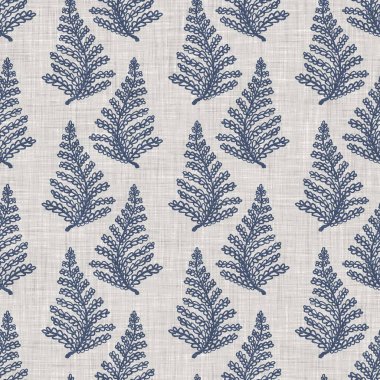 Fransız mavi botanik yaprağı keten desenli ve 2 tonluk kır evi motifli. Basit bir kırsal kumaş tekstil etkisi. İlkel, eski püskü, şık mutfak bezi tasarımı..