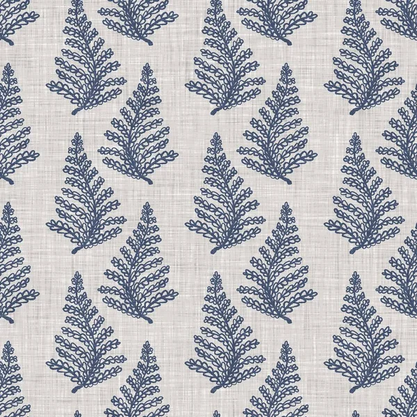 Fransız mavi botanik yaprağı keten desenli ve 2 tonluk kır evi motifli. Basit bir kırsal kumaş tekstil etkisi. İlkel, eski püskü, şık mutfak bezi tasarımı..