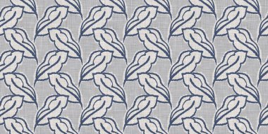 Fransız mavi botanik yaprağı, iki tonluk kır evi motifli, dikişsiz sınır. Basit bir kırsal kumaş tekstil etkisi. İlkel, eski püskü, şık mutfak bezi tasarımı..