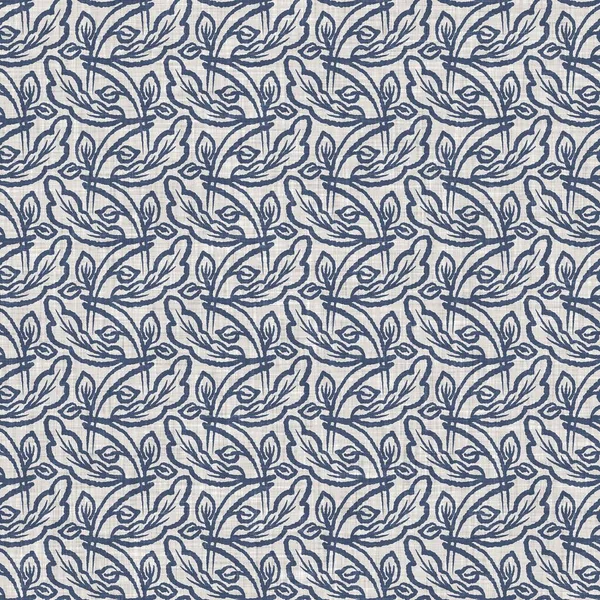 Daun botani biru Perancis linen pola mulus dengan 2 nada negara pondok gaya. Efek tekstil kain pedesaan yang sederhana. Primitif modern lusuh desain kain dapur chic. — Stok Foto