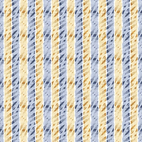 Naadloze Franse land keuken streep stof patroon print. Blauw geel wit verticaal gestreepte achtergrond. Batik kleurstof herkomststijl rustiek geweven cottagecore textiel. — Stockfoto