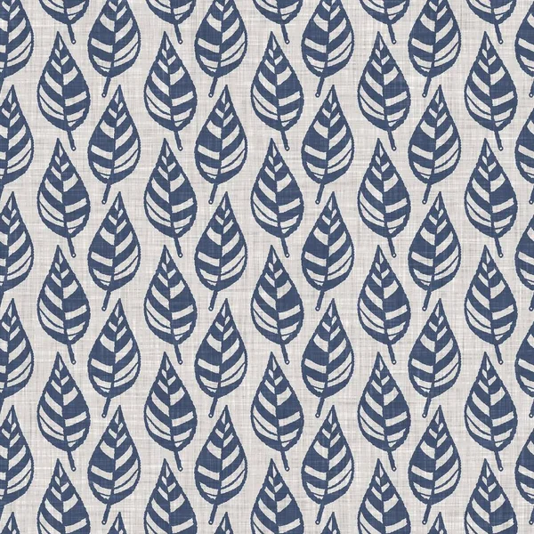 French blue botanical leaf linen seamless pattern with 2 tone country cottage style motif. Simple vintage rustic fabric textile effect. Primitive modern shabby chic kitchen cloth design.