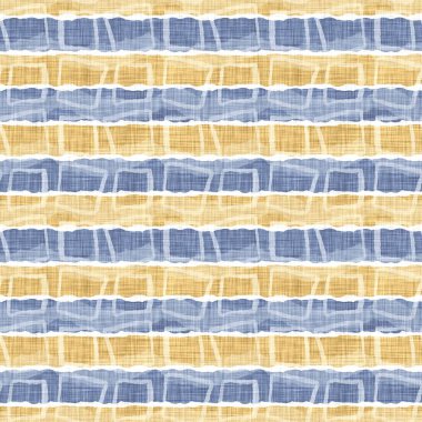 Kusursuz Fransız kırsal mutfak çizgili kumaş deseni. Mavi sarı beyaz yatay çizgili arka plan. Batik Boyası Kaynak Stili Kırsal Örgü Cottagecore Tekstili. 