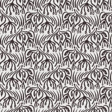 Fransız gri botanik yapraklı keten desenli, 2 tonluk kır evi motifli. Basit bir kırsal kumaş tekstil etkisi. İlkel, eski püskü, şık mutfak bezi tasarımı..