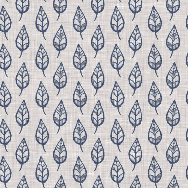 Fransız mavi botanik yaprağı keten desenli ve 2 tonluk kır evi motifli. Basit bir kırsal kumaş tekstil etkisi. İlkel, eski püskü, şık mutfak bezi tasarımı..