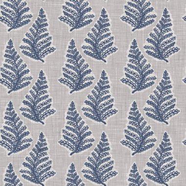 Fransız mavi botanik yaprağı keten desenli ve 2 tonluk kır evi motifli. Basit bir kırsal kumaş tekstil etkisi. İlkel, eski püskü, şık mutfak bezi tasarımı..