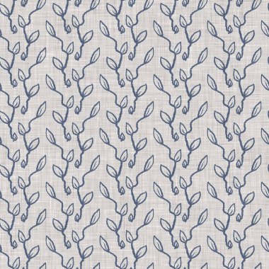 Fransız mavi botanik yaprağı keten desenli ve 2 tonluk kır evi motifli. Basit bir kırsal kumaş tekstil etkisi. İlkel, eski püskü, şık mutfak bezi tasarımı..
