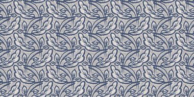 Fransız mavi botanik yaprağı, iki tonluk kır evi motifli, dikişsiz sınır. Basit bir kırsal kumaş tekstil etkisi. İlkel, eski püskü, şık mutfak bezi tasarımı..