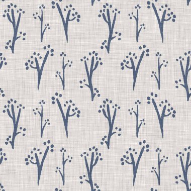 Fransız mavi botanik yaprağı keten desenli ve 2 tonluk kır evi motifli. Basit bir kırsal kumaş tekstil etkisi. İlkel, eski püskü, şık mutfak bezi tasarımı..